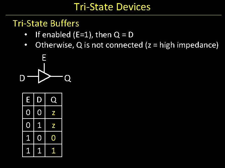 Tri-State Devices Tri-State Buffers • If enabled (E=1), then Q = D • Otherwise,