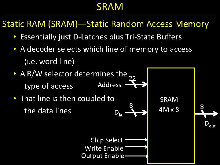 SRAM Static RAM (SRAM)—Static Random Access Memory • Essentially just D-Latches plus Tri-State Buffers