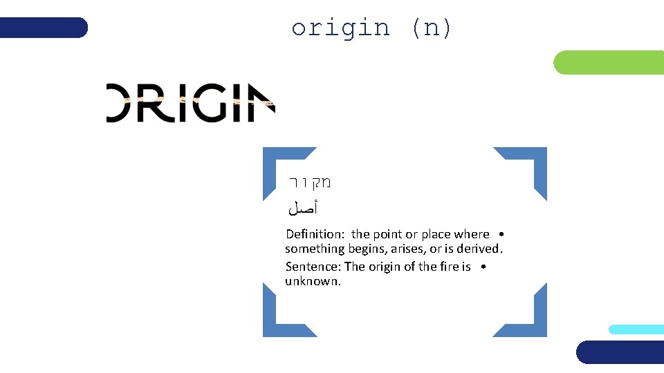 origin (n) מקור ﺃﺼﻞ Definition: the point or place where • something begins, arises,