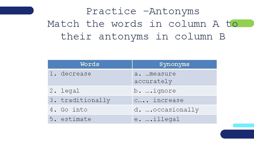 Practice –Antonyms Match the words in column A to their antonyms in column B