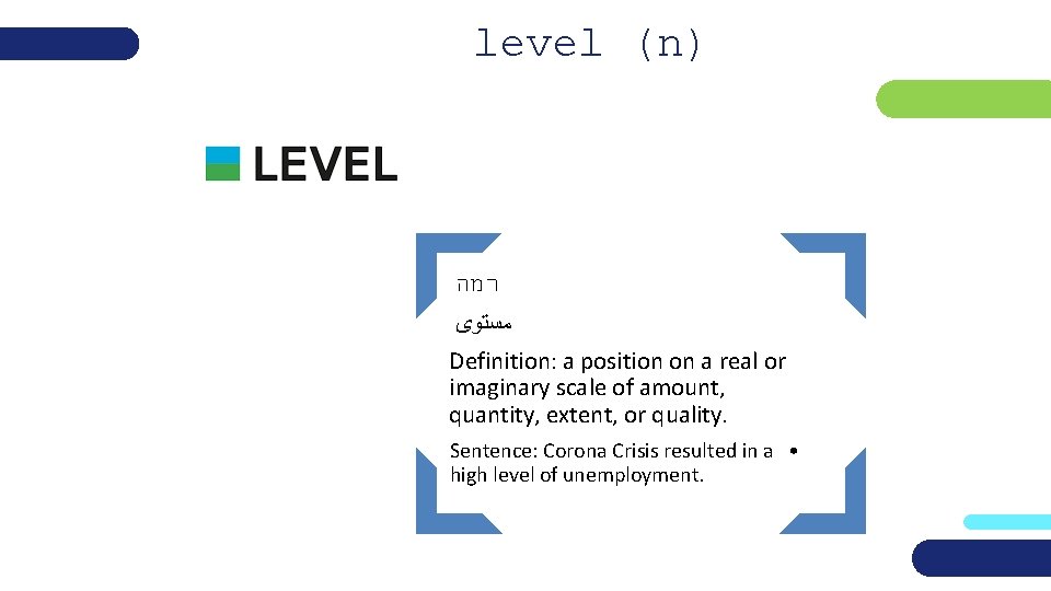 level (n) רמה ﻣﺴﺘﻮﻯ Definition: a position on a real or imaginary scale of