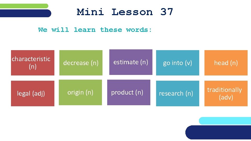 Mini Lesson 37 We will learn these words: characteristic (n) decrease (n) legal (adj)