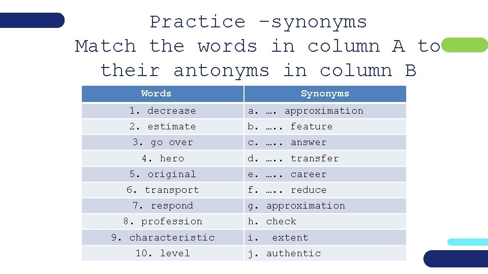Practice –synonyms Match the words in column A to their antonyms in column B