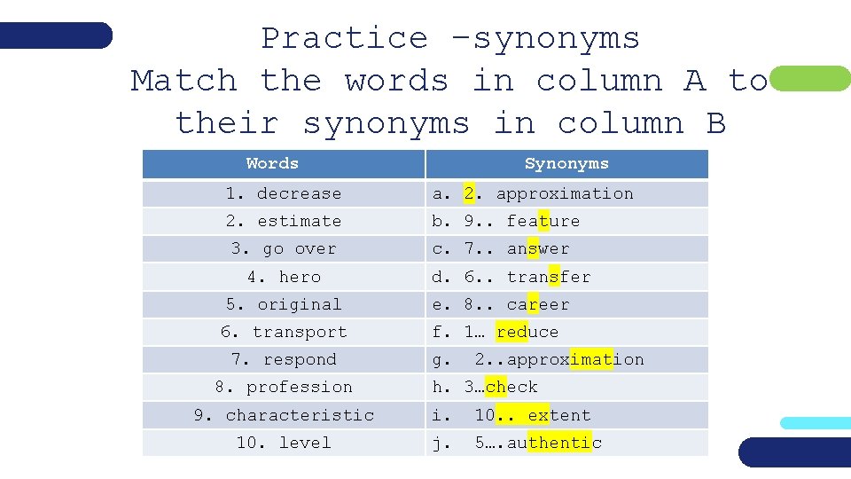 Practice –synonyms Match the words in column A to their synonyms in column B
