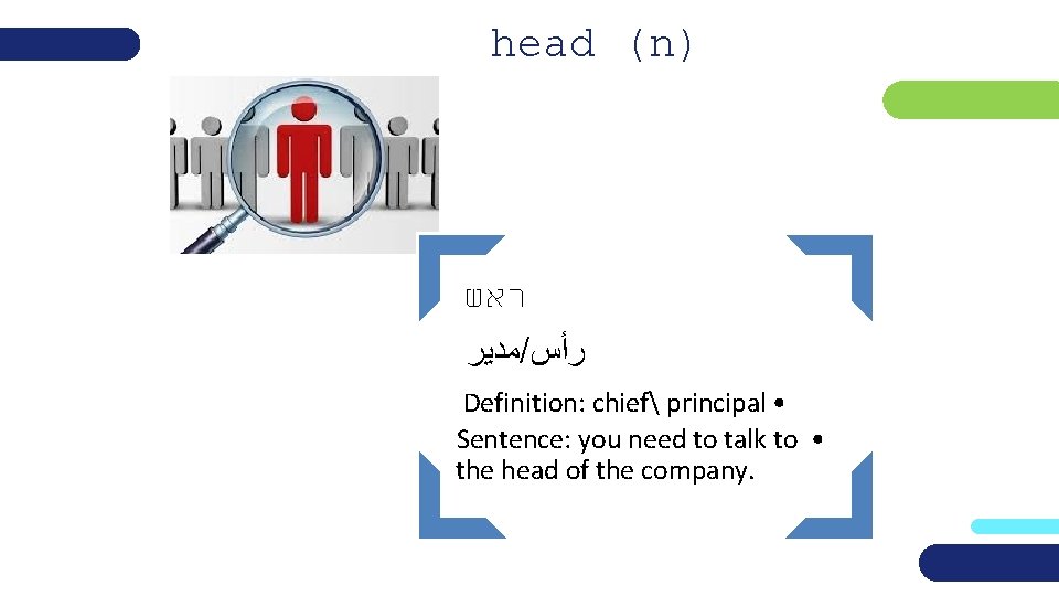 head (n) ראש ﻣﺪﻳﺮ / ﺭﺃﺲ Definition: chief principal • Sentence: you need to