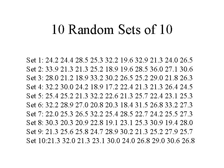 10 Random Sets of 10 Set 1: 24. 2 24. 4 28. 5 25.