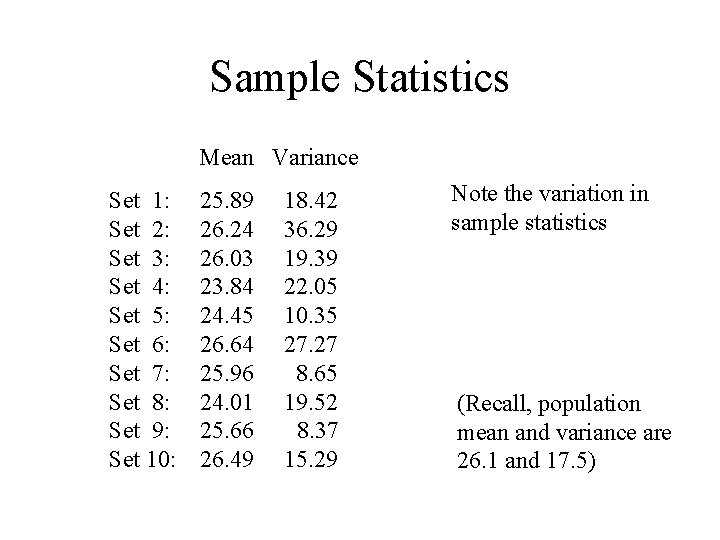 Sample Statistics Mean Variance Set 1: Set 2: Set 3: Set 4: Set 5: