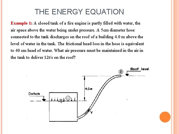 THE ENERGY EQUATION Example 1: A closed tank of a fire engine is partly