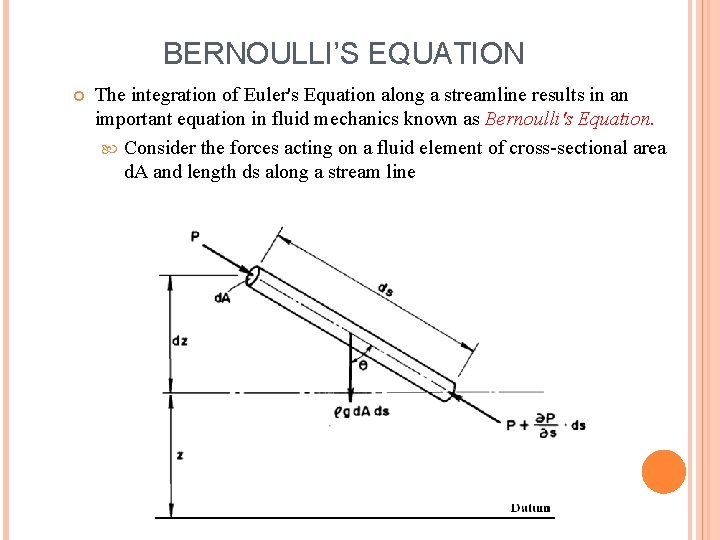 BERNOULLI’S EQUATION The integration of Euler's Equation along a streamline results in an important