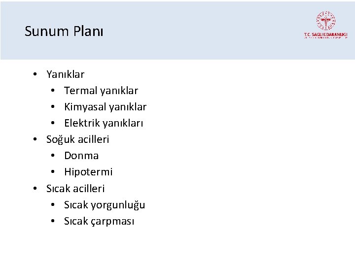 Sunum Planı • Yanıklar • Termal yanıklar • Kimyasal yanıklar • Elektrik yanıkları •