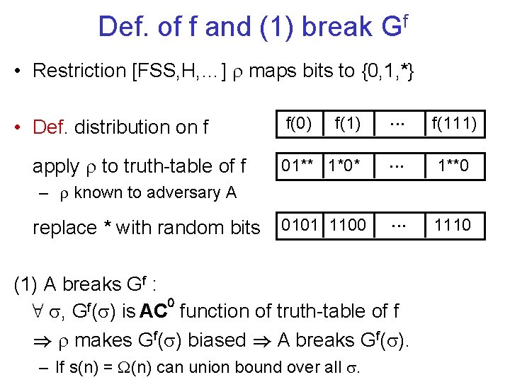 Def. of f and (1) break Gf • Restriction [FSS, H, …] maps bits