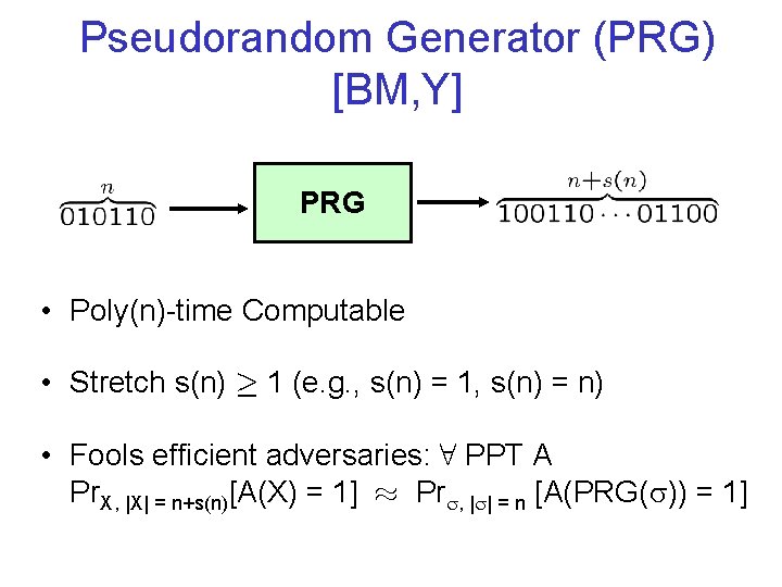 Pseudorandom Generator (PRG) [BM, Y] PRG • Poly(n)-time Computable • Stretch s(n) ¸ 1