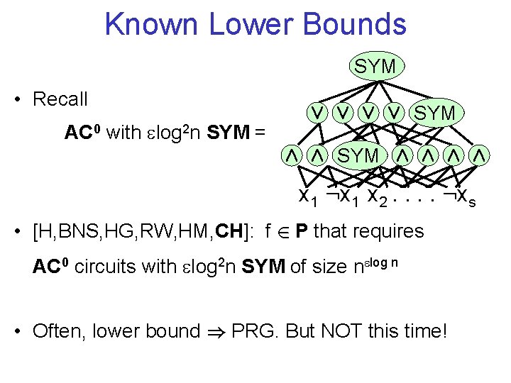 Known Lower Bounds SYM • Recall AC 0 with log 2 n SYM =