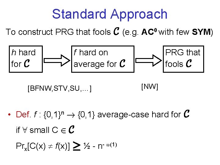 Standard Approach To construct PRG that fools C (e. g. AC 0 with few