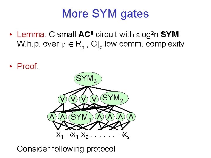 More SYM gates • Lemma: C small AC 0 circuit with log 2 n