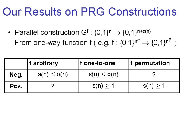 Our Results on PRG Constructions • Parallel construction Gf : {0, 1}n ! {0,