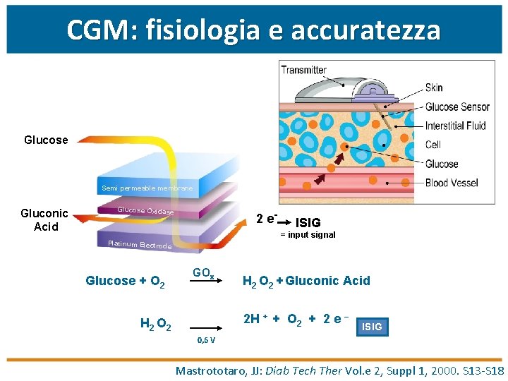 CGM: fisiologia e accuratezza Glucose Semi permeable membrane Gluconic Acid Glucose Oxidase 2 e-
