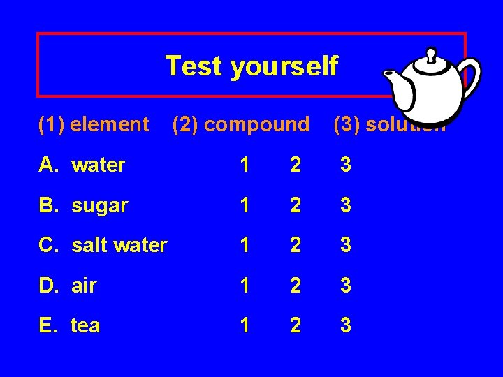 Test yourself (1) element (2) compound (3) solution A. water 1 2 3 B.