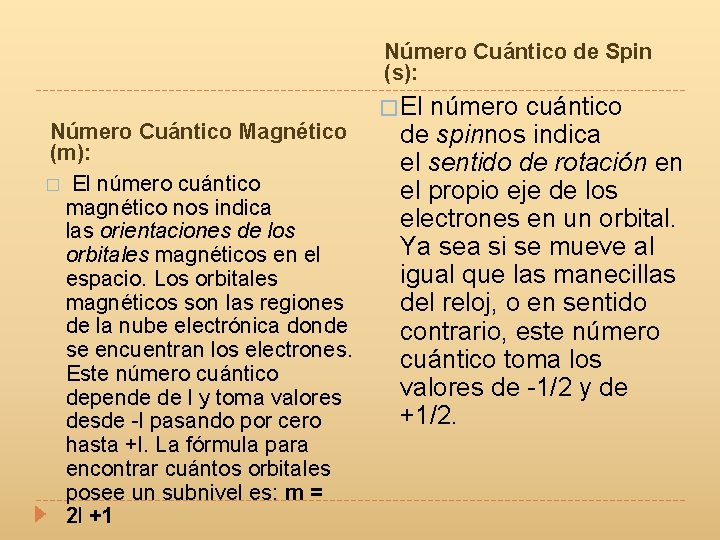 Número Cuántico de Spin (s): Número Cuántico Magnético (m): � El número cuántico magnético