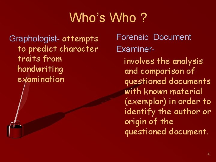 Who’s Who ? Graphologist- attempts to predict character traits from handwriting examination Forensic Document