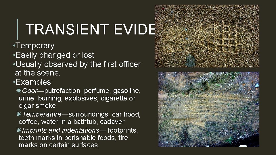 TRANSIENT EVIDENCE • Temporary • Easily changed or lost • Usually observed by the