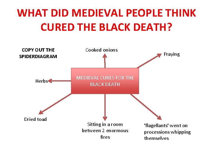 WHAT DID MEDIEVAL PEOPLE THINK CURED THE BLACK DEATH? COPY OUT THE SPIDERDIAGRAM Herbs