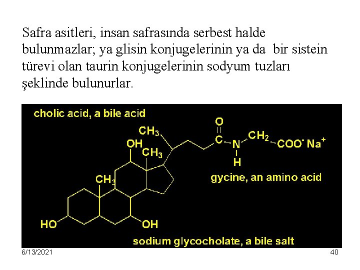 Safra asitleri, insan safrasında serbest halde bulunmazlar; ya glisin konjugelerinin ya da bir sistein