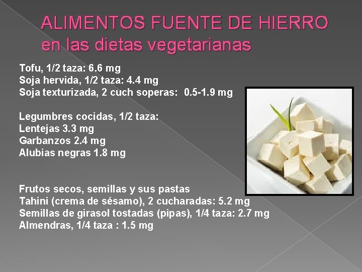 ALIMENTOS FUENTE DE HIERRO en las dietas vegetarianas Tofu, 1/2 taza: 6. 6 mg