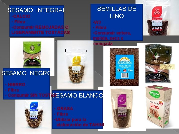 SESAMO INTEGRAL • CALCIO • Fibra • Consumir REMOJADAS O LIGERAMENTE TOSTADAS SEMILLAS DE