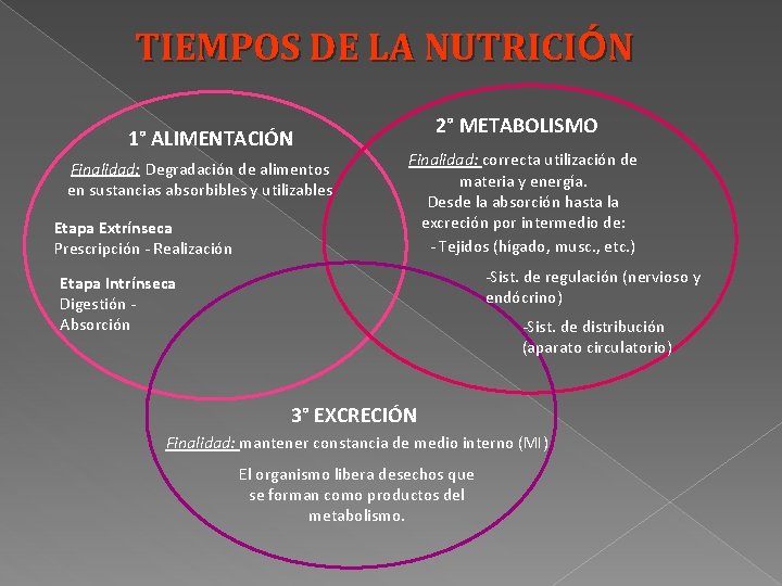 TIEMPOS DE LA NUTRICIÓN 1° ALIMENTACIÓN Finalidad: Degradación de alimentos en sustancias absorbibles y