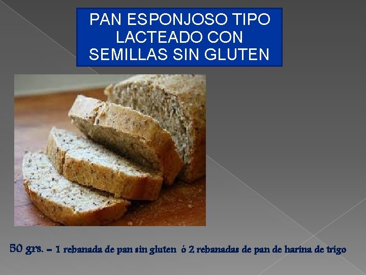 PAN ESPONJOSO TIPO LACTEADO CON SEMILLAS SIN GLUTEN 50 grs. = 1 rebanada de