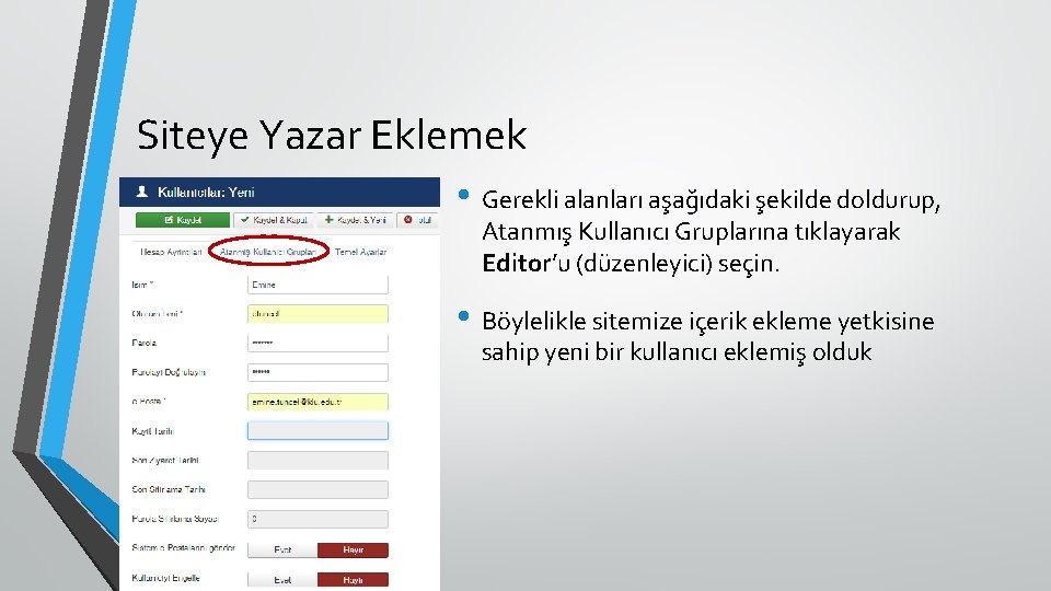 Siteye Yazar Eklemek • Gerekli alanları aşağıdaki şekilde doldurup, Atanmış Kullanıcı Gruplarına tıklayarak Editor’u