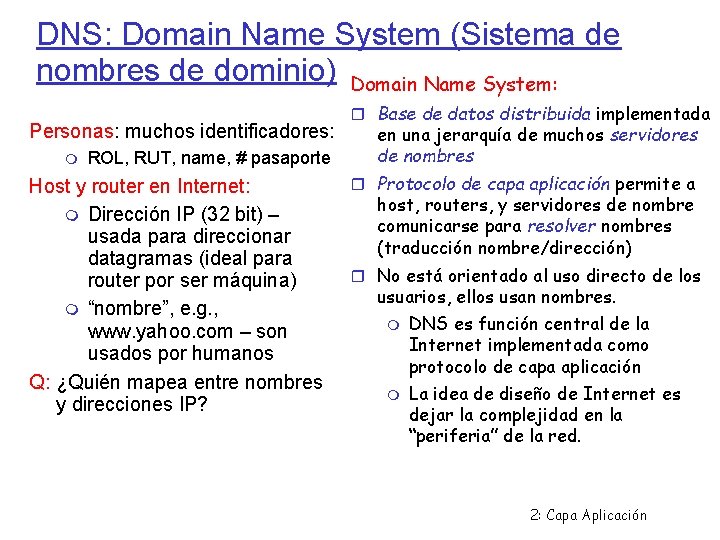 DNS: Domain Name System (Sistema de nombres de dominio) Domain Name System: Personas: muchos