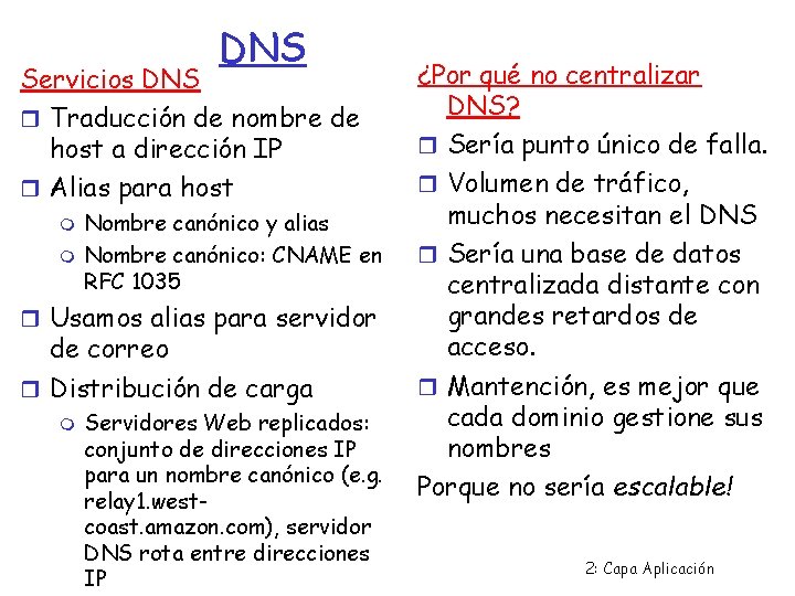 DNS Servicios DNS Traducción de nombre de host a dirección IP Alias para host