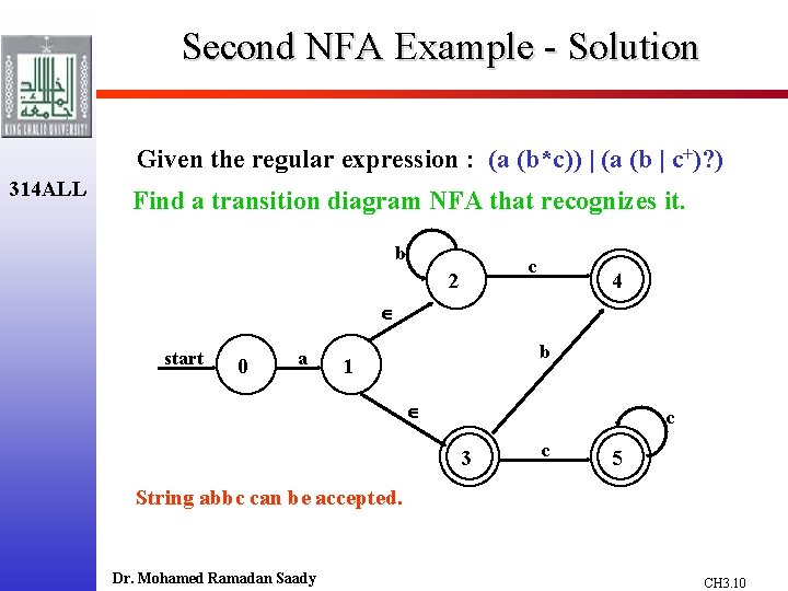 Second NFA Example - Solution Given the regular expression : (a (b*c)) | (a