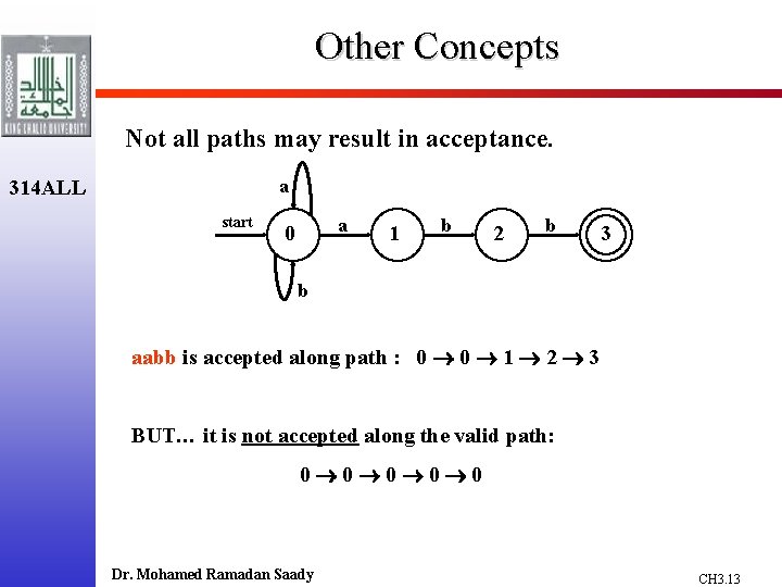 Other Concepts Not all paths may result in acceptance. a 314 ALL start a