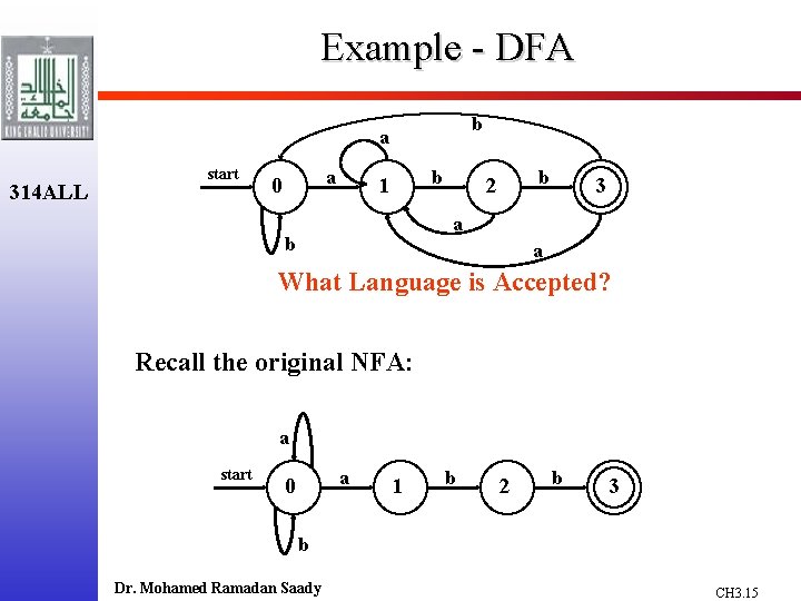 Example - DFA b a 314 ALL start a 0 b 1 b 2