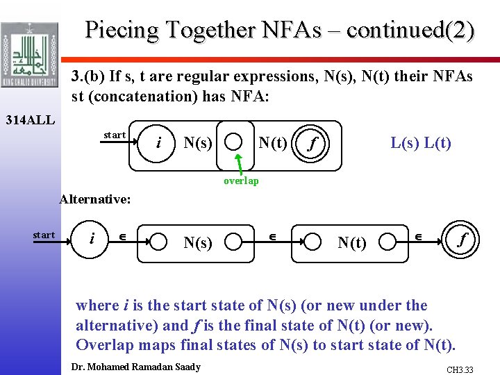 Piecing Together NFAs – continued(2) 3. (b) If s, t are regular expressions, N(s),