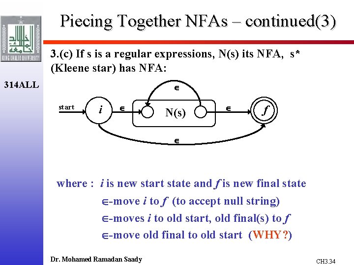 Piecing Together NFAs – continued(3) 3. (c) If s is a regular expressions, N(s)