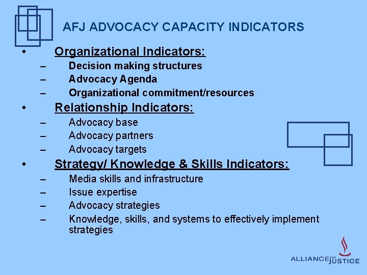 AFJ ADVOCACY CAPACITY INDICATORS • Organizational Indicators: – – – • Decision making structures