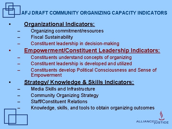 AFJ DRAFT COMMUNITY ORGANIZING CAPACITY INDICATORS • Organizational Indicators: – – – • Organizing