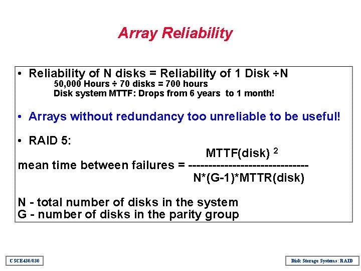 Array Reliability • Reliability of N disks = Reliability of 1 Disk ÷N 50,