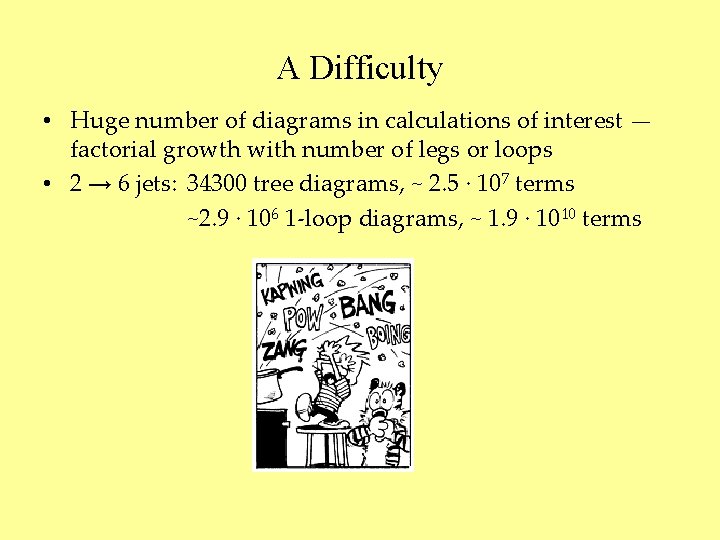 A Difficulty • Huge number of diagrams in calculations of interest — factorial growth