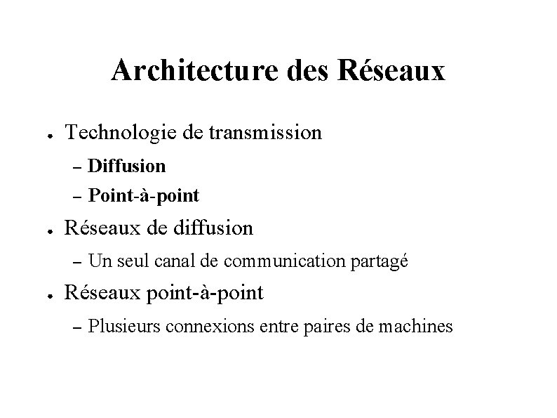 Architecture des Réseaux ● ● Technologie de transmission – Diffusion – Point-à-point Réseaux de