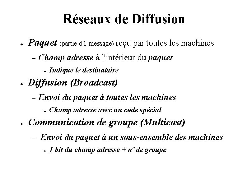 Réseaux de Diffusion ● Paquet (partie d'1 message) reçu par toutes les machines –