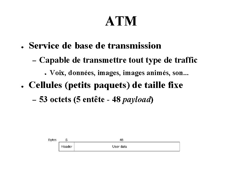 ATM ● Service de base de transmission – Capable de transmettre tout type de