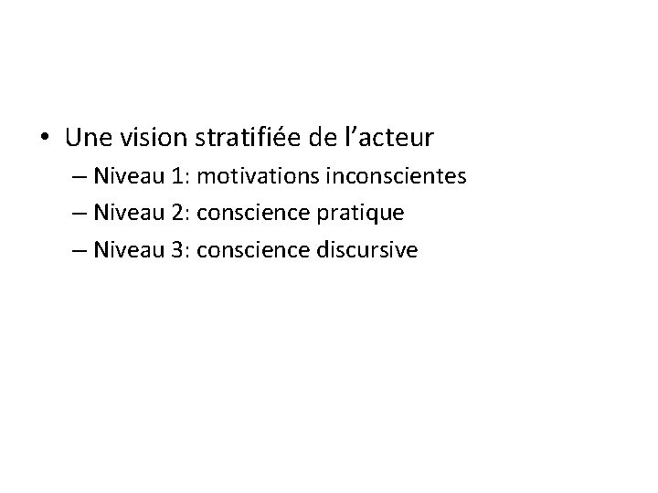  • Une vision stratifiée de l’acteur – Niveau 1: motivations inconscientes – Niveau