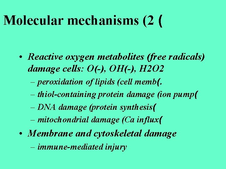 Molecular mechanisms (2 ( • Reactive oxygen metabolites (free radicals) damage cells: O(-), OH(-),