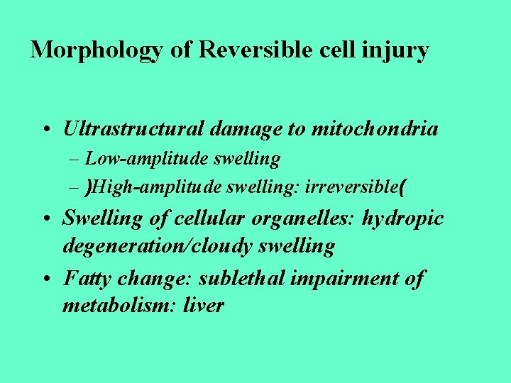 Morphology of Reversible cell injury • Ultrastructural damage to mitochondria – Low-amplitude swelling –