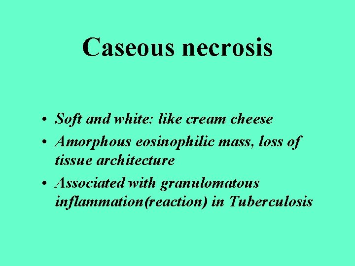 Caseous necrosis • Soft and white: like cream cheese • Amorphous eosinophilic mass, loss